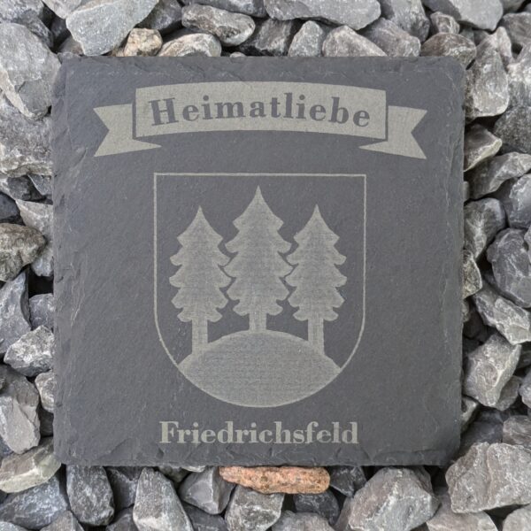 "Heimatliebe" Stadtwappen Friedrichsfeld "Tannenhügel" - Schieferplatte graviert 10x10 cm - Untersetzer